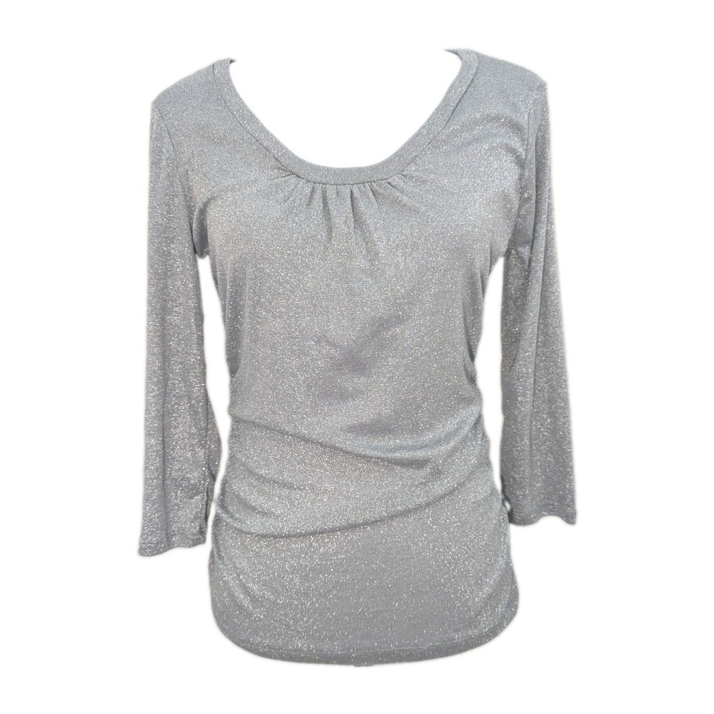 New York and Company Silver Sparkle Fitted Stretch 3/4 Sleeve Top Women's...